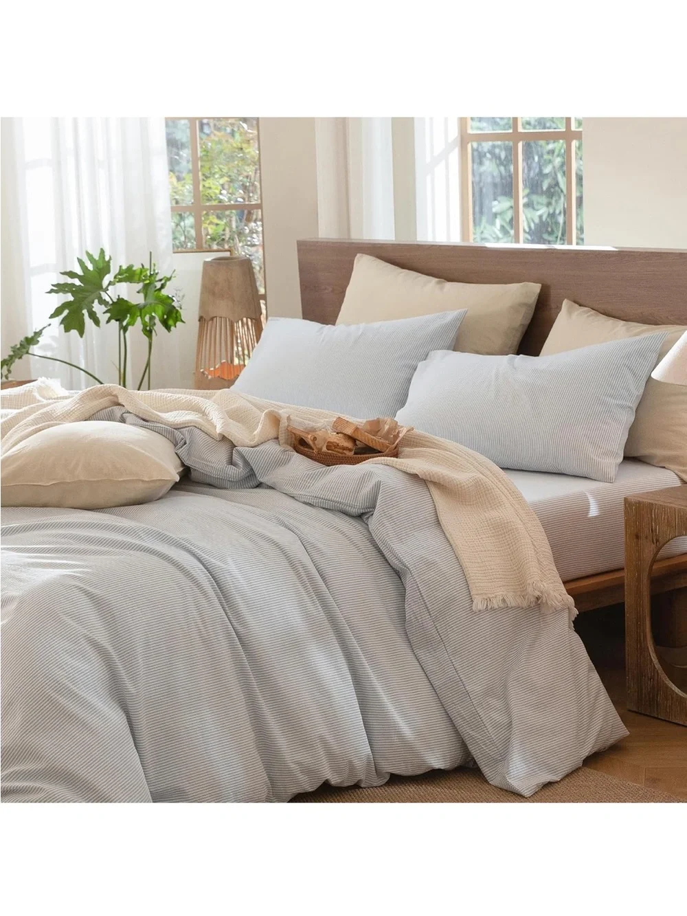 NEW MooMee Striped Duvet Cover Set 100% Washed Cotton Linen Like. Blue/White